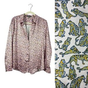 David Lerner Button Up Blouse Cheetah Print Too Medium